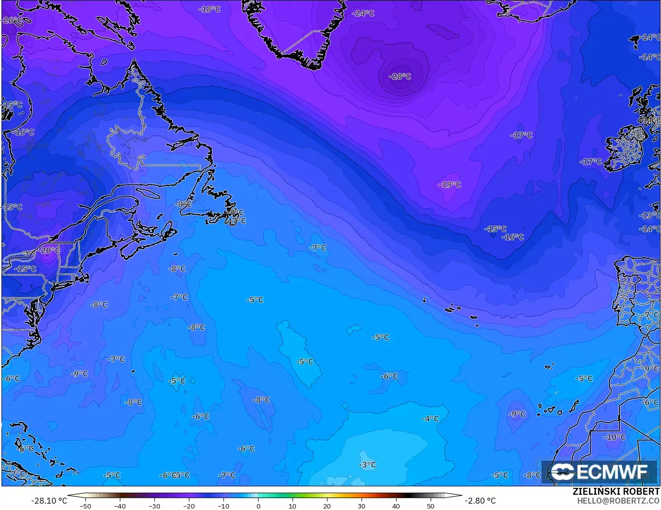 ECMWF IFS 0.25° modelo - Norte Atlántico, Temperatura a 500 hPa
