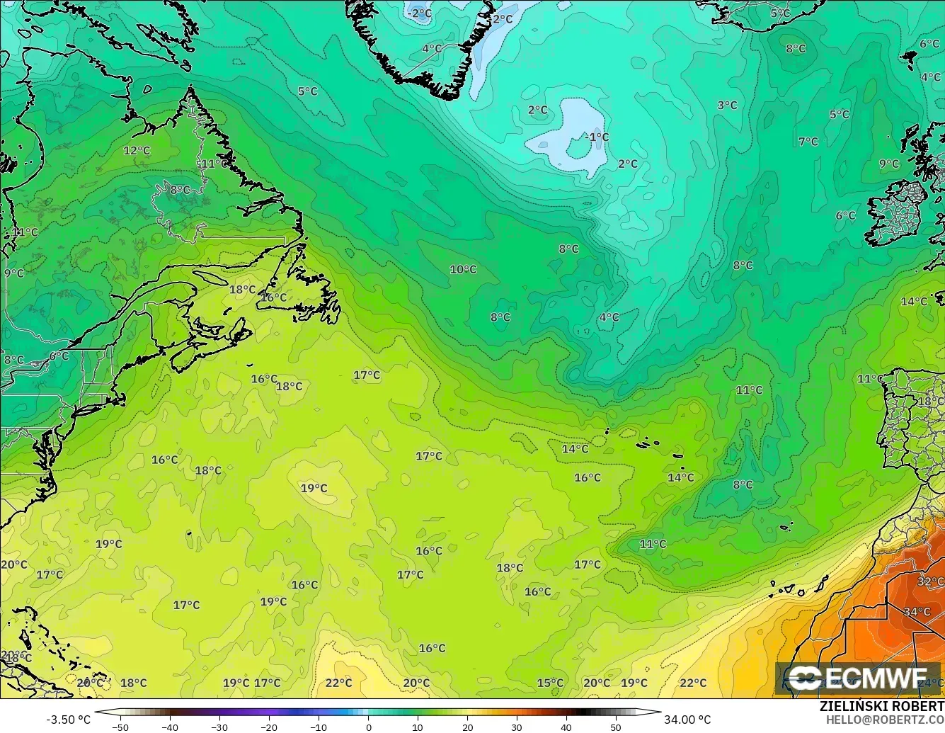 ECMWF IFS 0.25° modelo - Norte Atlántico, Temperatura a 850 hPa