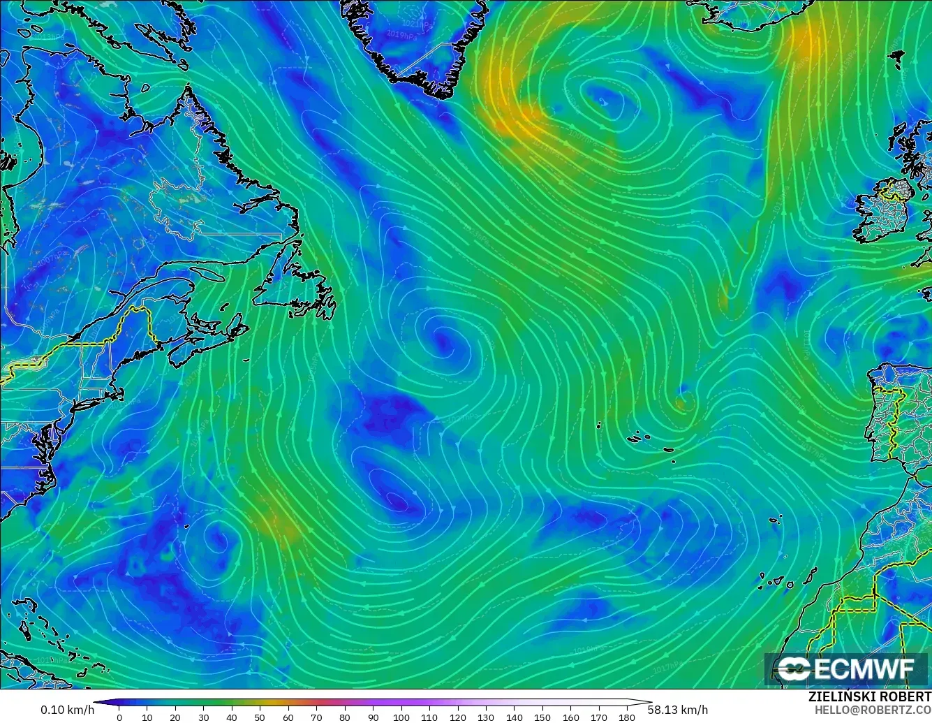 ECMWF IFS 0.25° modelo - Norte Atlántico, Viento a 10 m