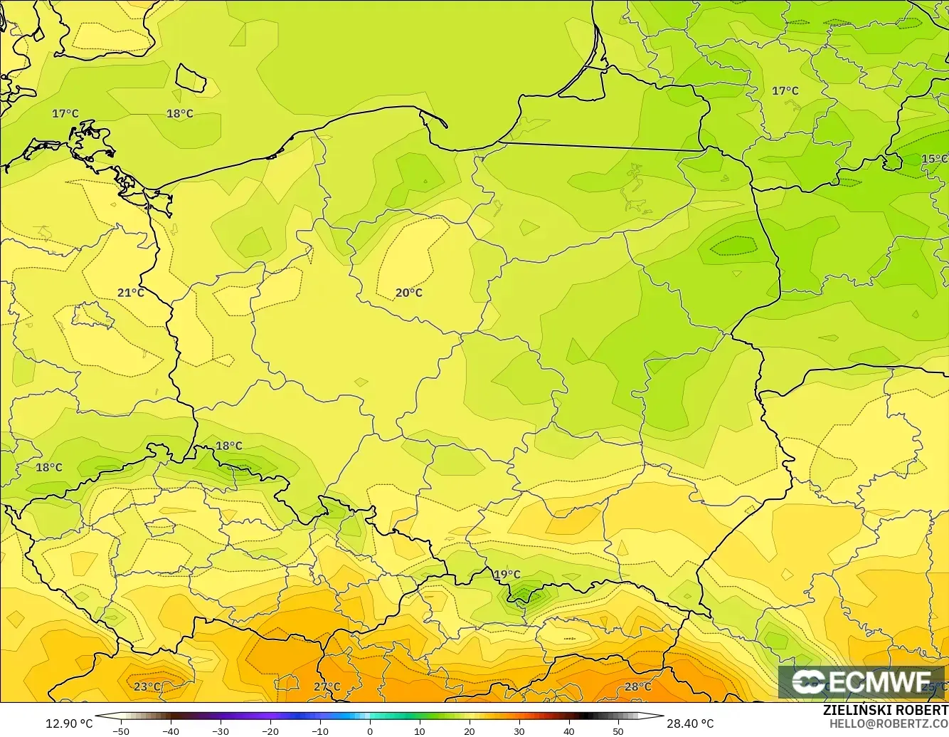 ECMWF IFS 0.25° modelo - Polonia, Temperatura a 2 m
