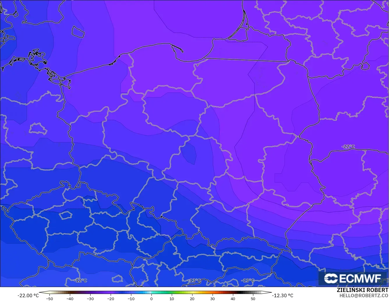 ECMWF IFS 0.25° modelo - Polonia, Temperatura a 500 hPa