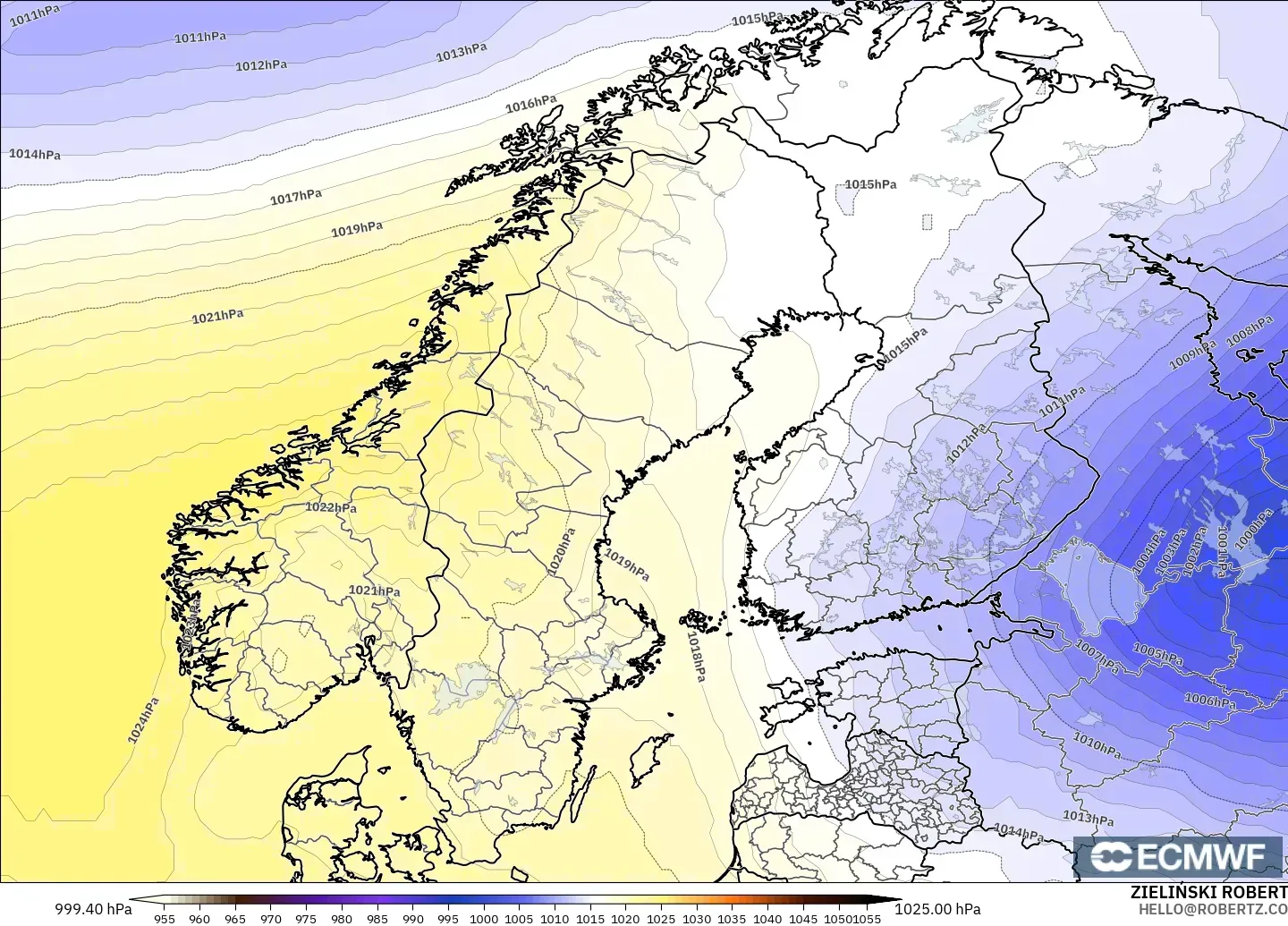ECMWF IFS 0.25° modelo - Escandinavia, Presión