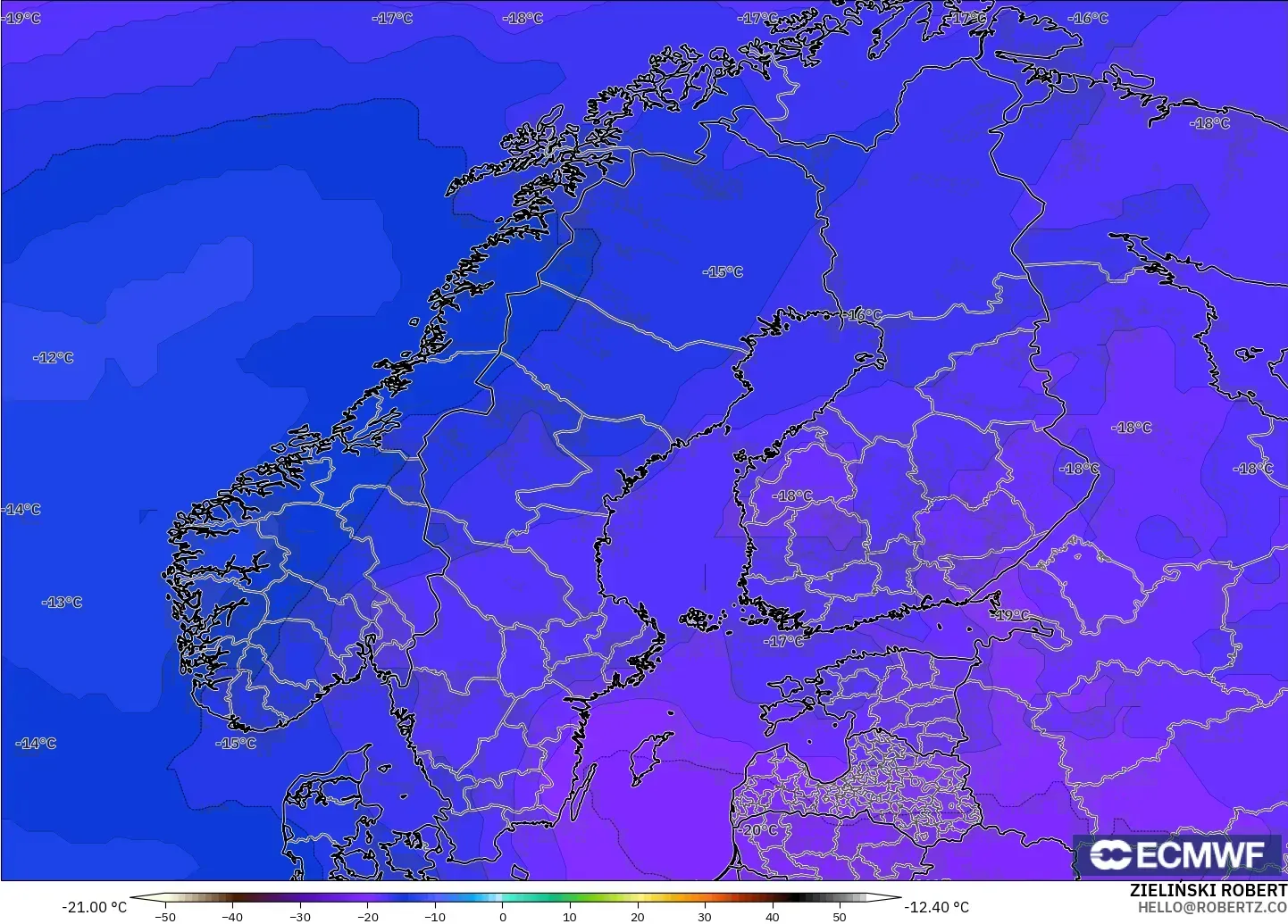 ECMWF IFS 0.25° modelo - Escandinavia, Temperatura a 500 hPa