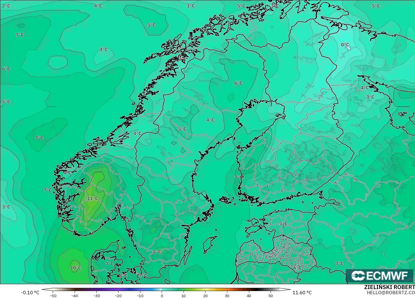 ECMWF IFS 0.25° modelo - Escandinavia, Temperatura a 850 hPa