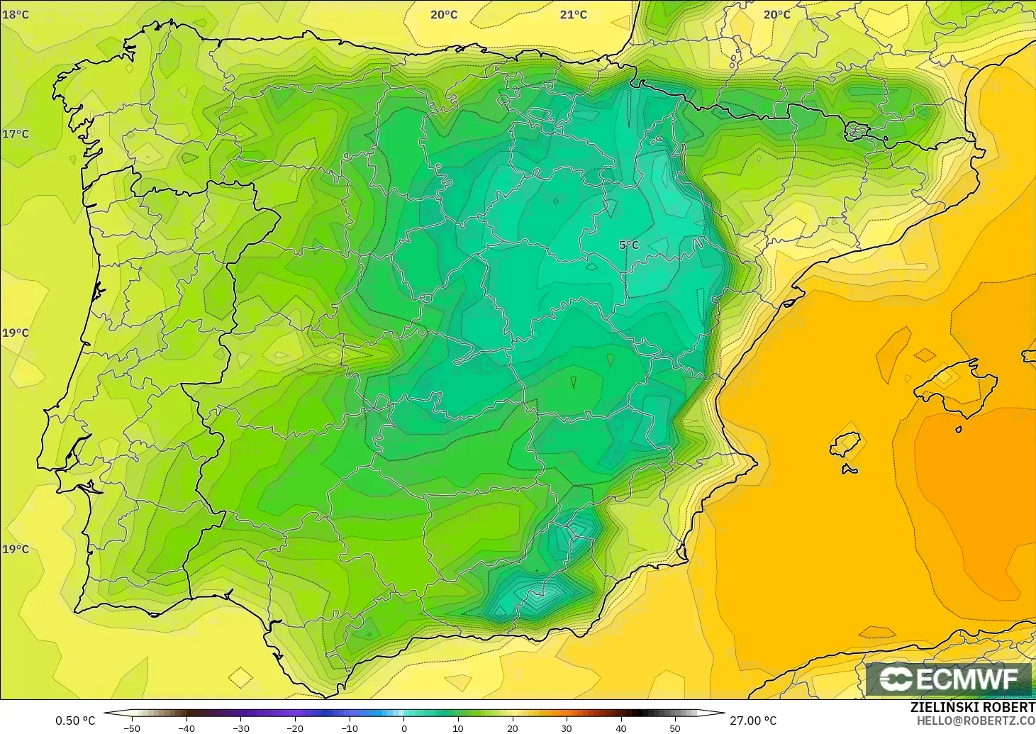 ECMWF IFS 0.25° modelo - España, Punto de rocío a 2 m