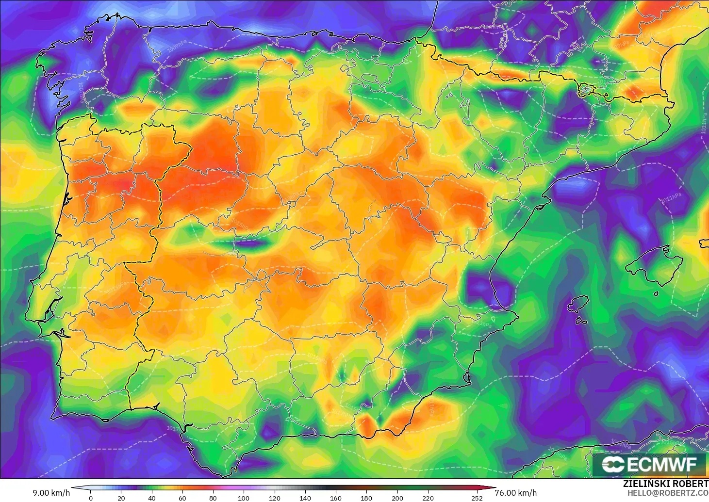 ECMWF IFS 0.25° modelo - España, Ráfagas de Viento Máximas