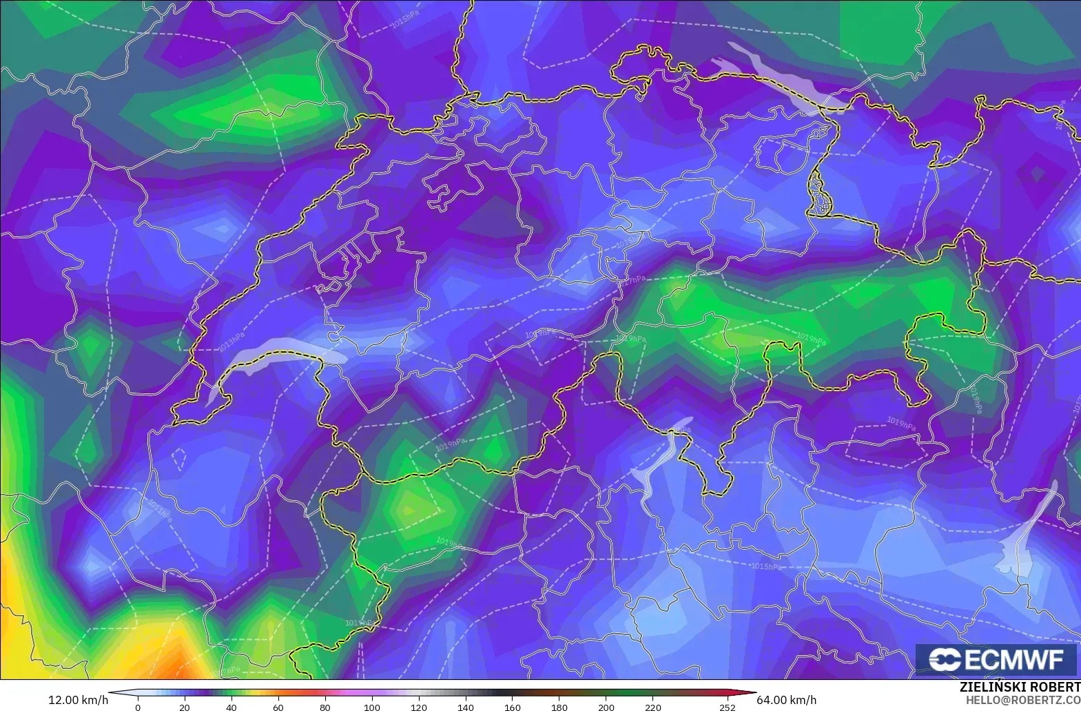 ECMWF IFS 0.25° modelo - Suiza, Ráfagas de Viento Máximas