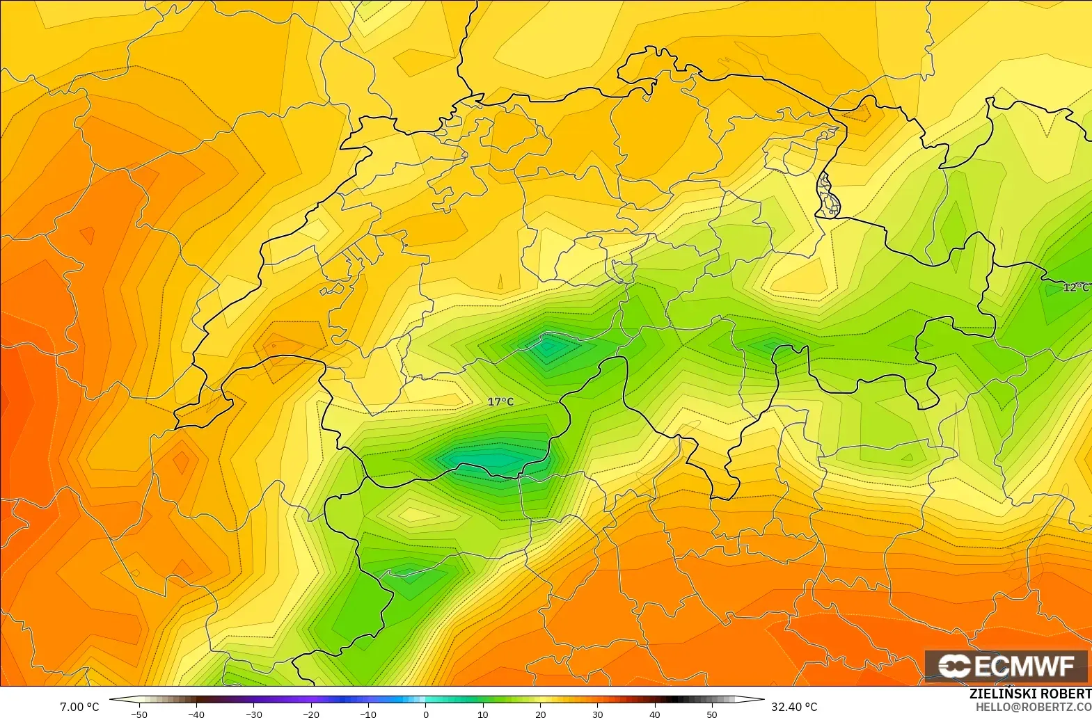 ECMWF IFS 0.25° modelo - Suiza, Temperatura a 2 m