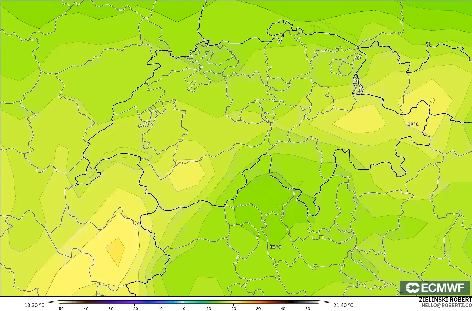 ECMWF IFS 0.25° modelo - Suiza, Temperatura a 850 hPa