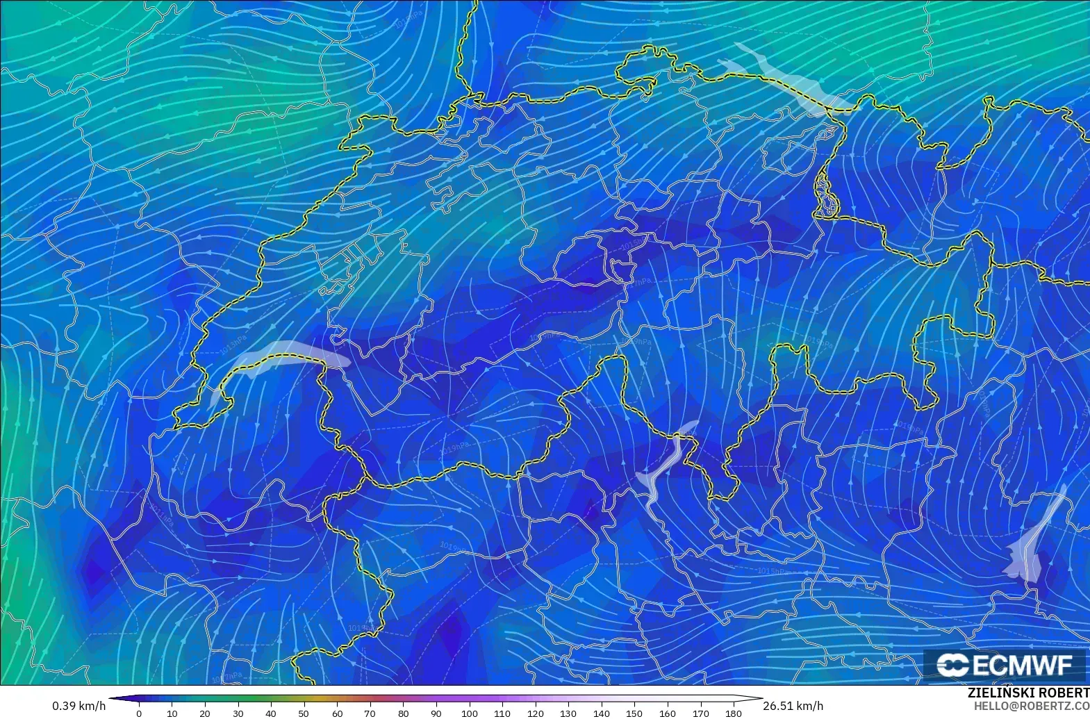 ECMWF IFS 0.25° modelo - Suiza, Viento a 10 m