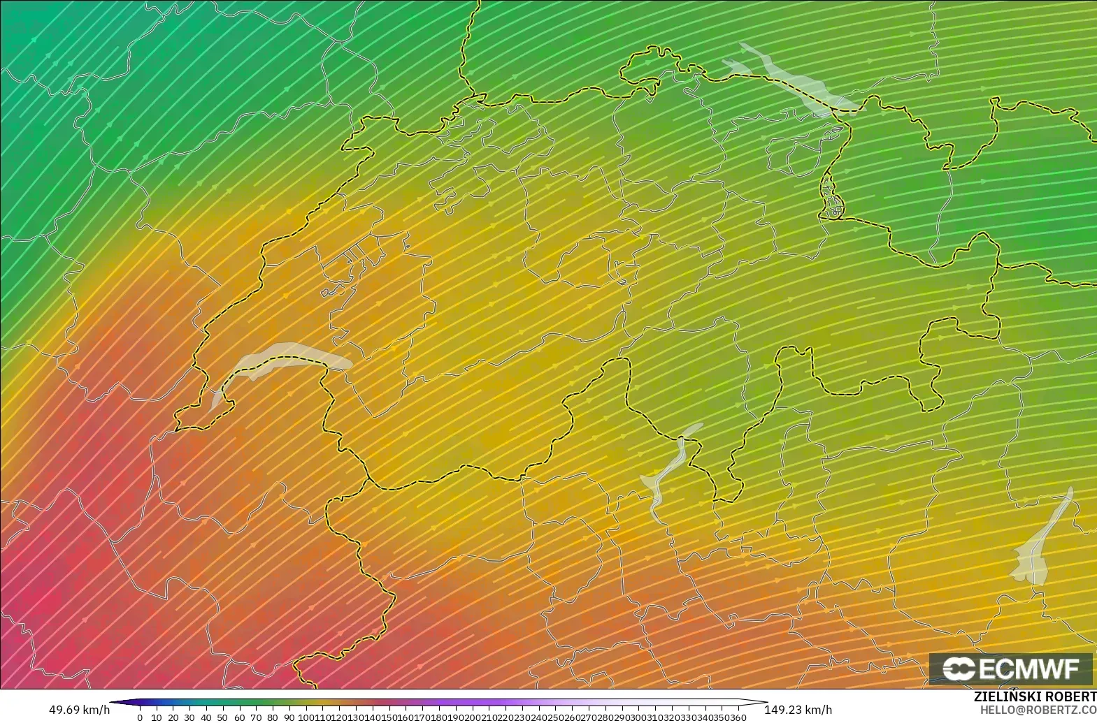 ECMWF IFS 0.25° modelo - Suiza, Viento a 300 hPa (corriente en chorro)