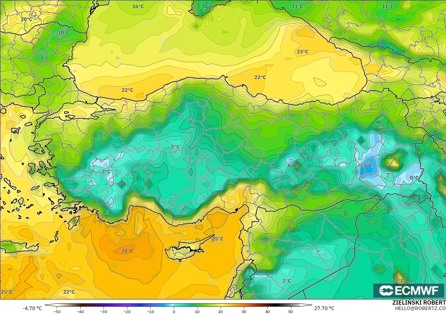 ECMWF IFS 0.25° modelo - Turquía, Punto de rocío a 2 m