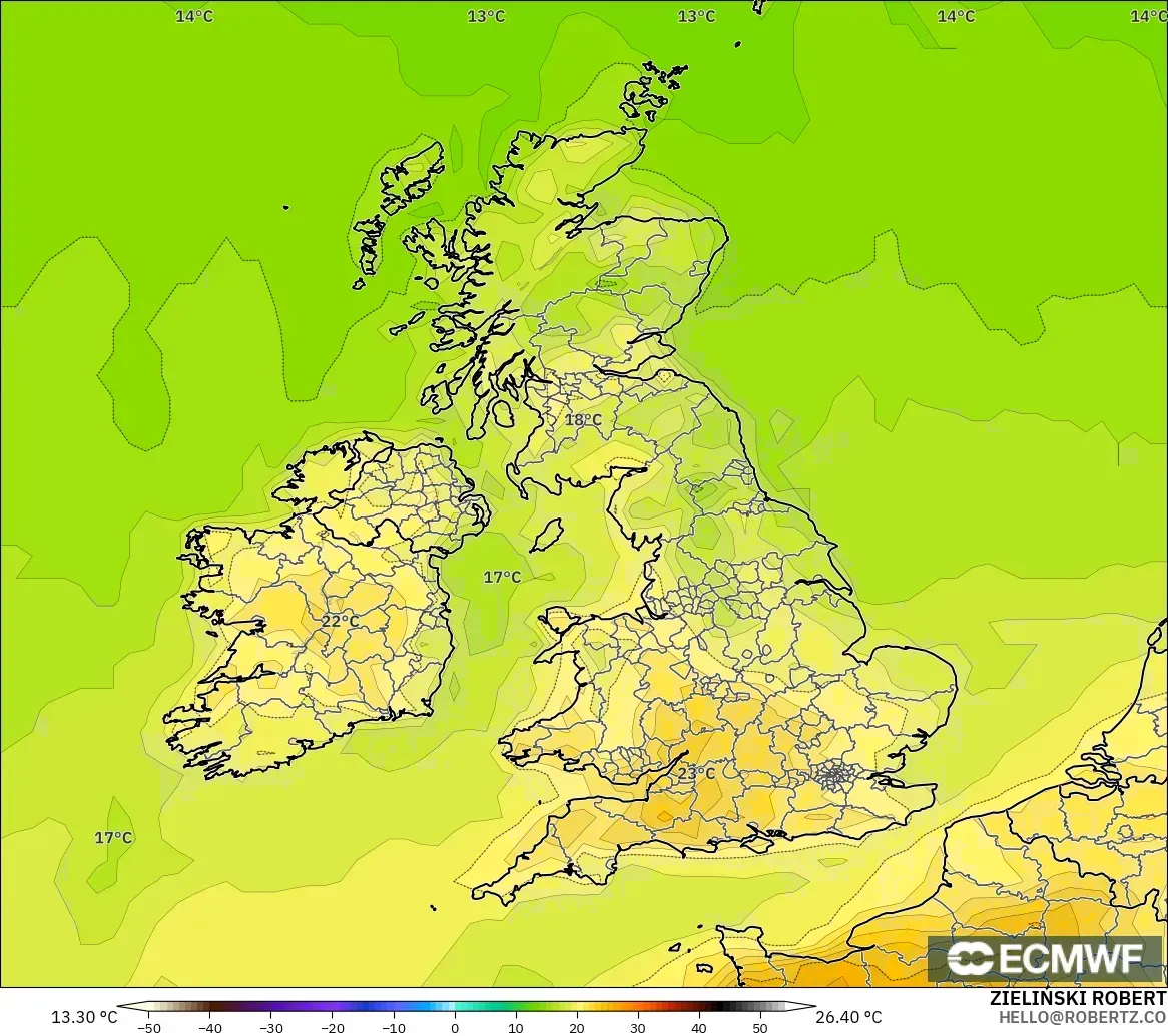 ECMWF IFS 0.25° modelo - Reino Unido, Temperatura a 2 m