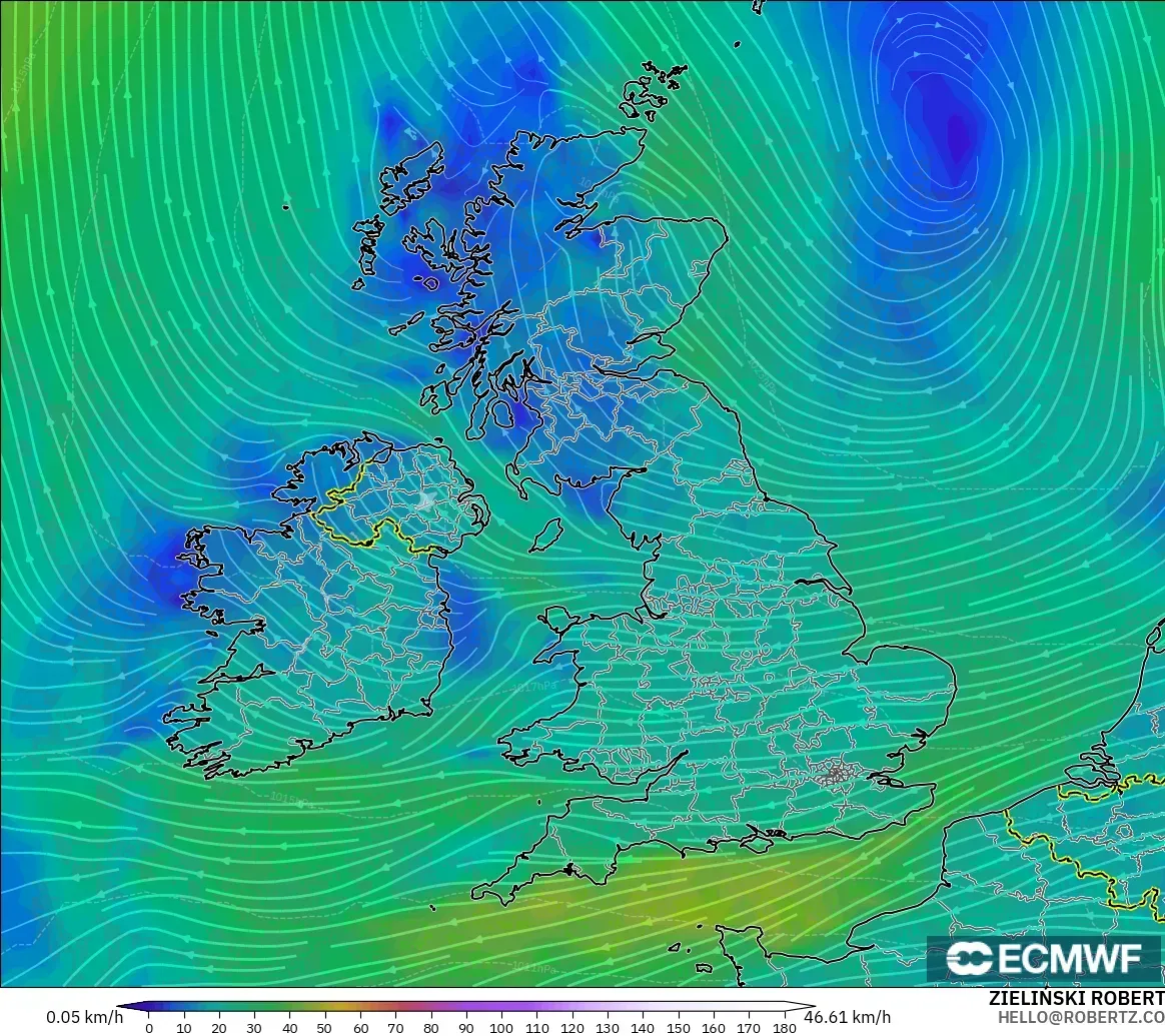ECMWF IFS 0.25° modelo - Reino Unido, Viento a 10 m
