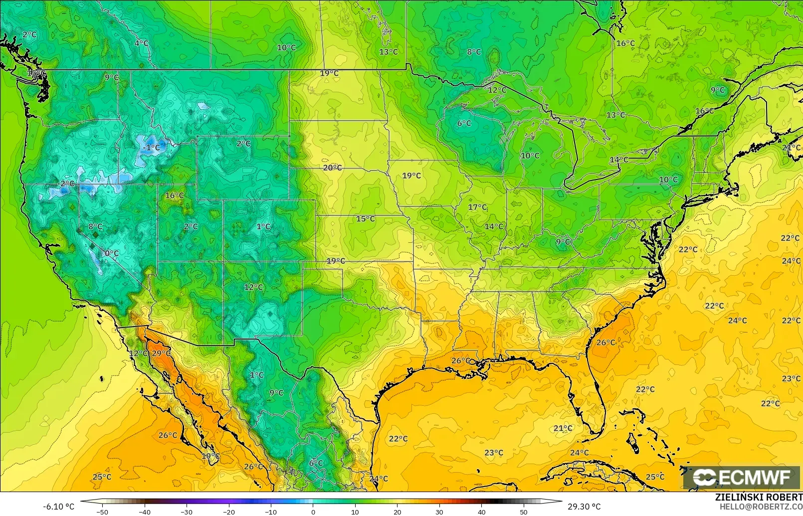 ECMWF IFS 0.25° modelo - Estados Unidos, Punto de rocío a 2 m