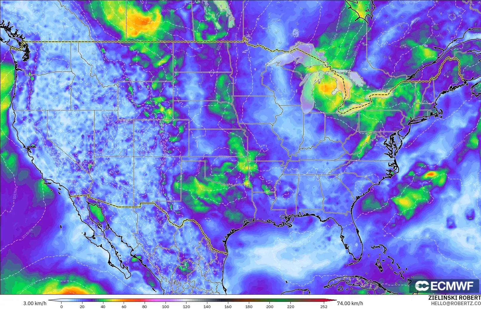 ECMWF IFS 0.25° modelo - Estados Unidos, Ráfagas de Viento Máximas