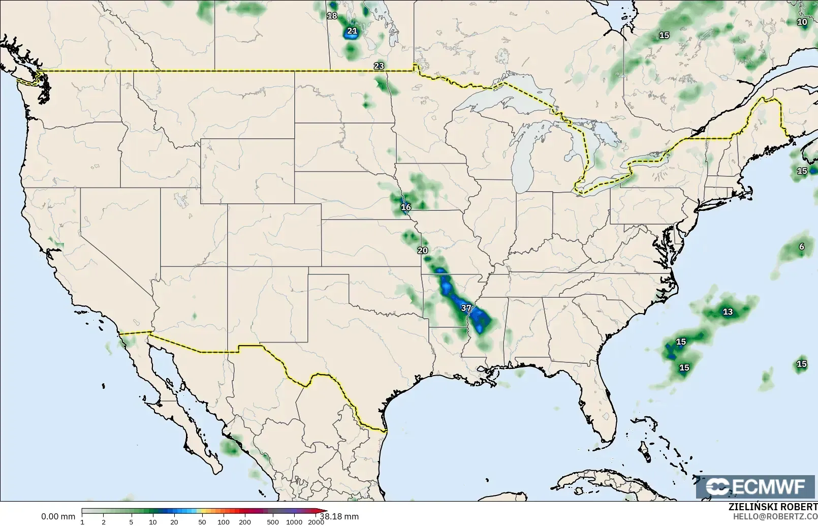ECMWF IFS 0.25° modelo - Estados Unidos, Acumulación de precipitación