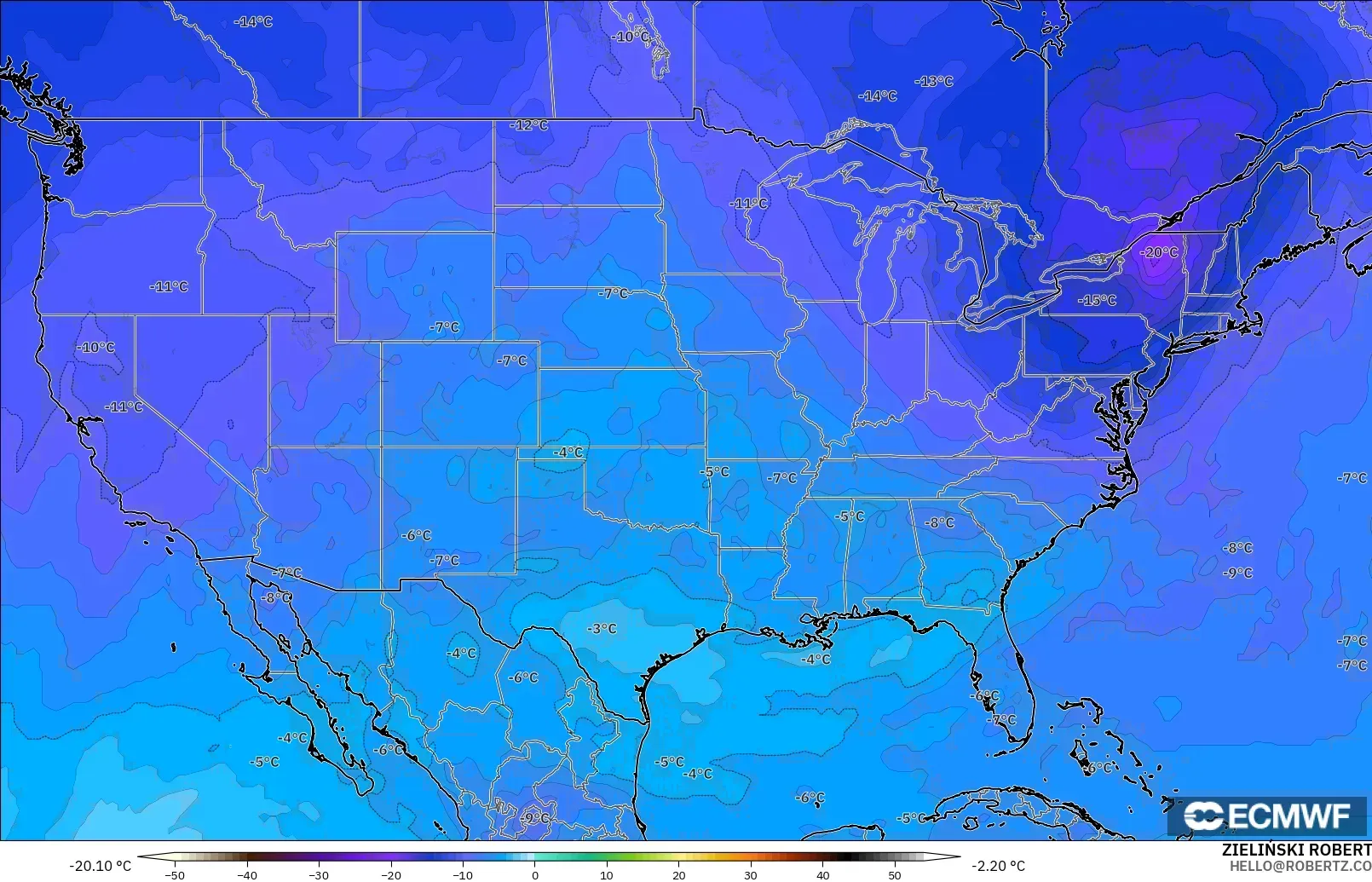 ECMWF IFS 0.25° modelo - Estados Unidos, Temperatura a 500 hPa