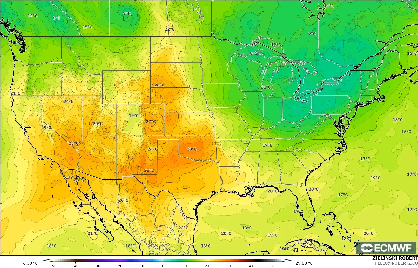ECMWF IFS 0.25° modelo - Estados Unidos, Temperatura a 850 hPa