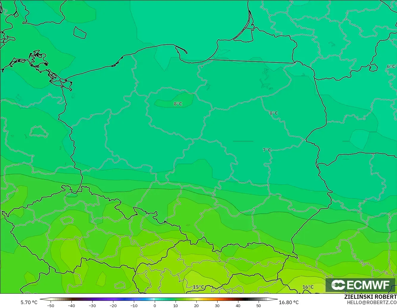 ECMWF IFS 0.25° modelo - Polonia, Temperatura a 850 hPa