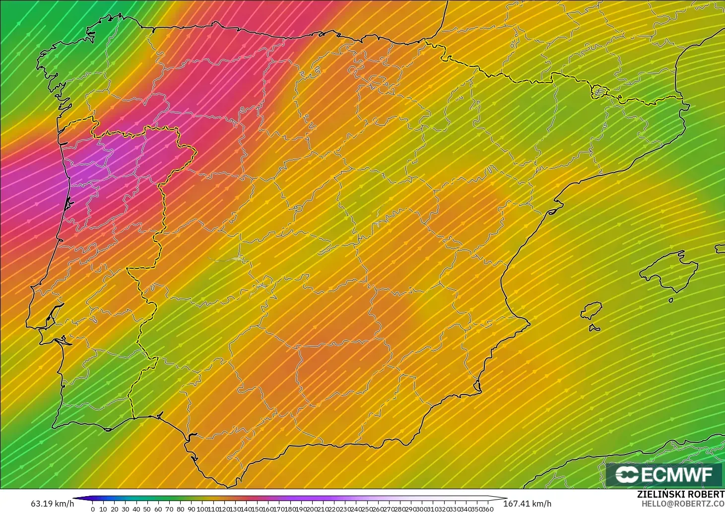 ECMWF IFS 0.25° modelo - España, Viento a 300 hPa (corriente en chorro)