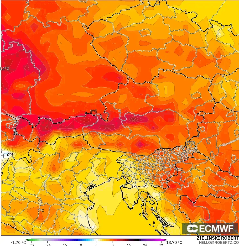 ECMWF IFS 0.25° modelo - Austria, Anomalía de temperatura a 2 m