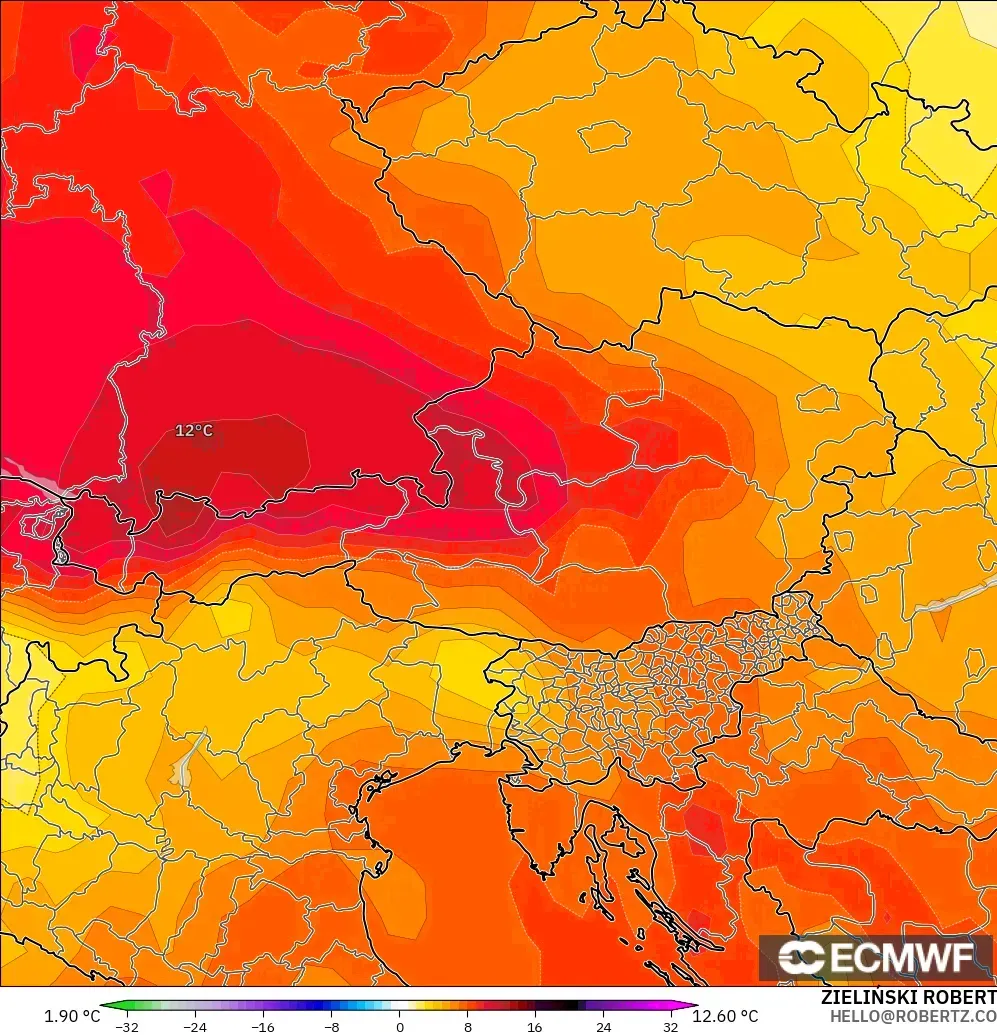 ECMWF IFS 0.25° modelo - Austria, Anomalía de temperatura a 850 hPa
