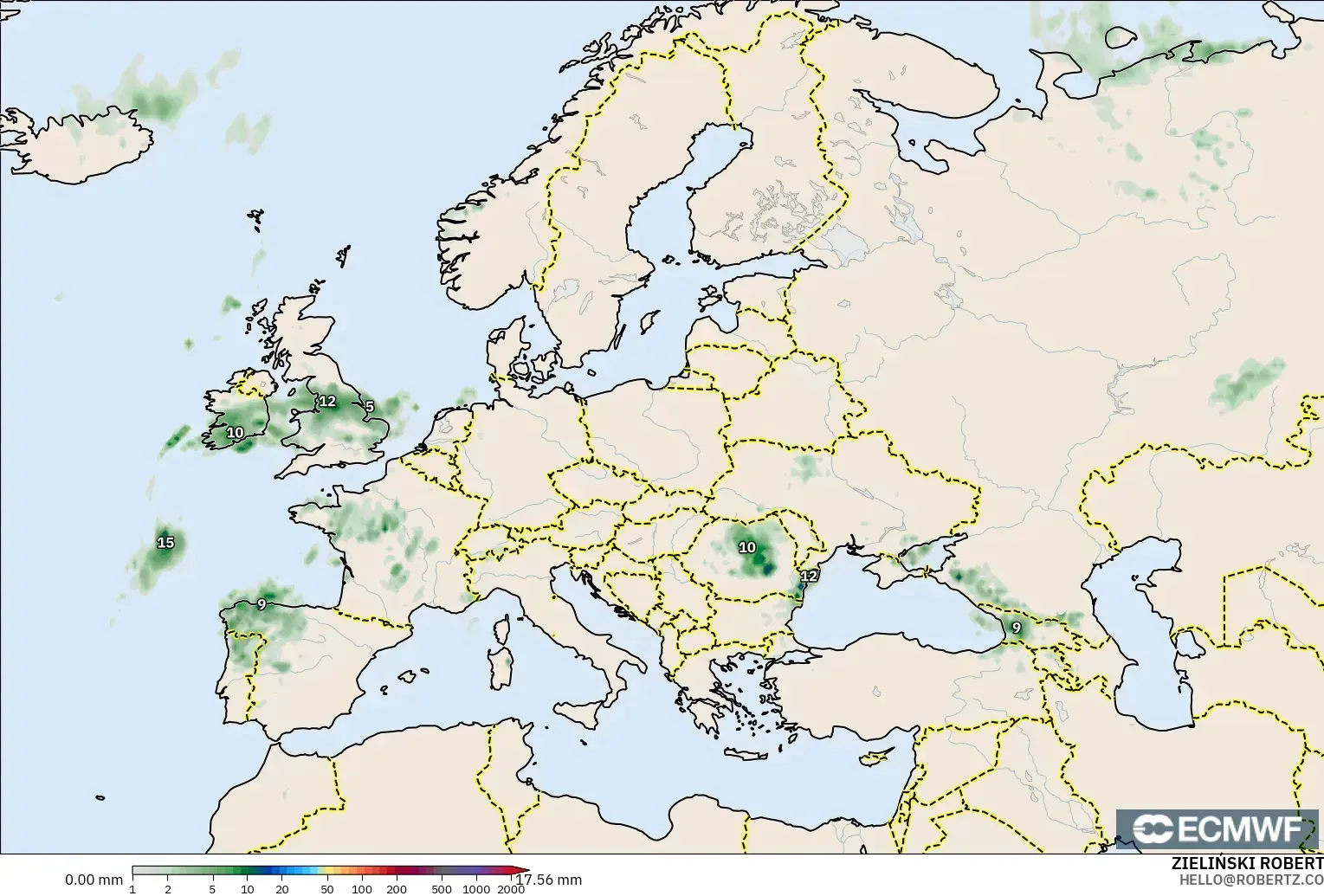 ECMWF IFS 0.25° modelo - Europa, Acumulación de precipitación