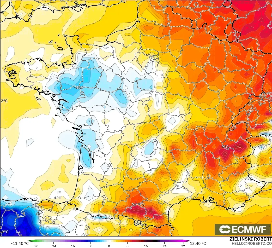 ECMWF IFS 0.25° modelo - Francia, Anomalía de temperatura a 2 m