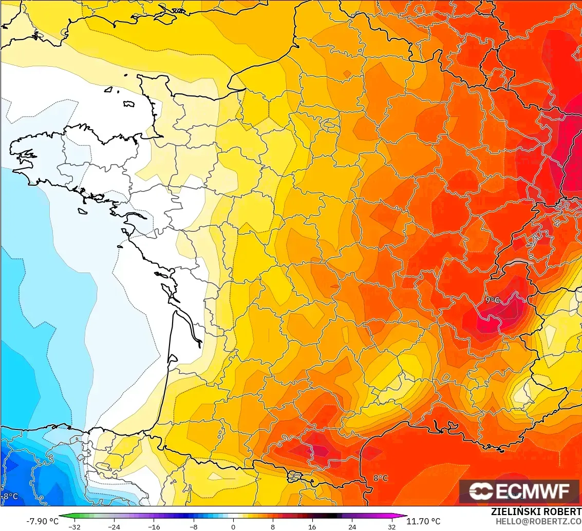 ECMWF IFS 0.25° modelo - Francia, Anomalía de temperatura a 850 hPa