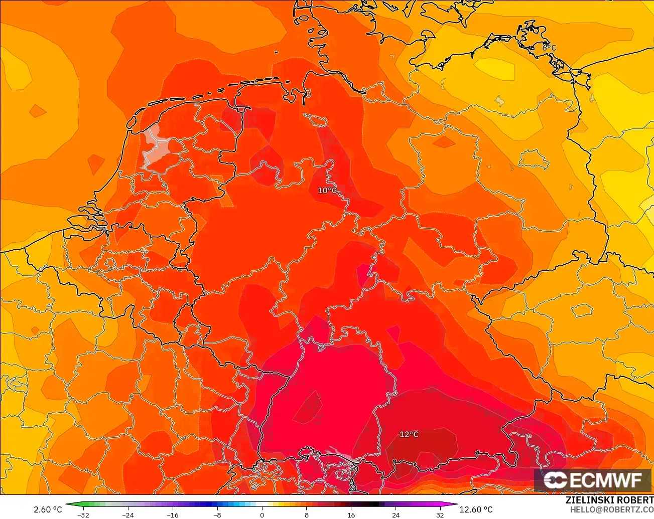 ECMWF IFS 0.25° modelo - Alemania, Anomalía de temperatura a 850 hPa