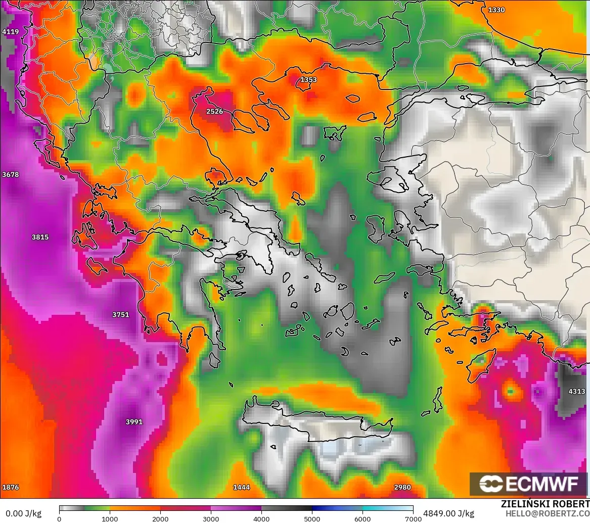 ECMWF IFS 0.25° modelo - Grecia, CAPE