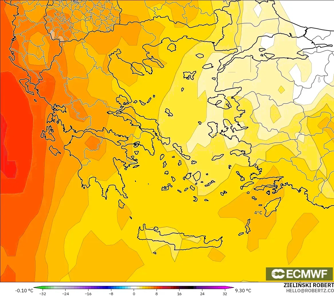 ECMWF IFS 0.25° modelo - Grecia, Anomalía de temperatura a 850 hPa
