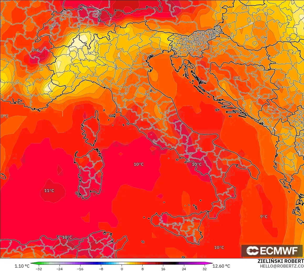 ECMWF IFS 0.25° modelo - Italia, Anomalía de temperatura a 850 hPa