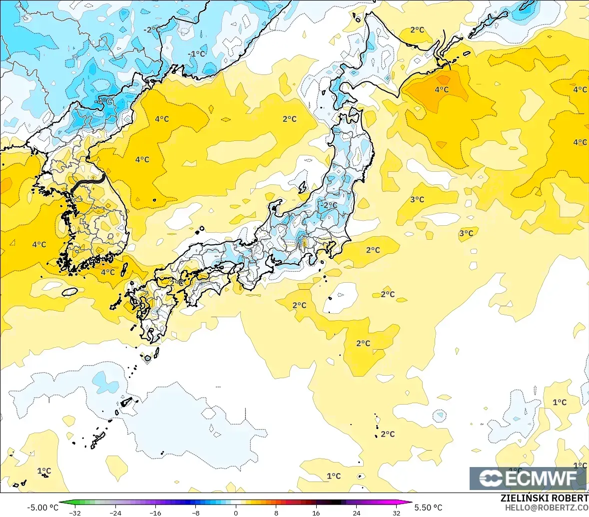 ECMWF IFS 0.25° modelo - Japón, Anomalía de temperatura a 2 m