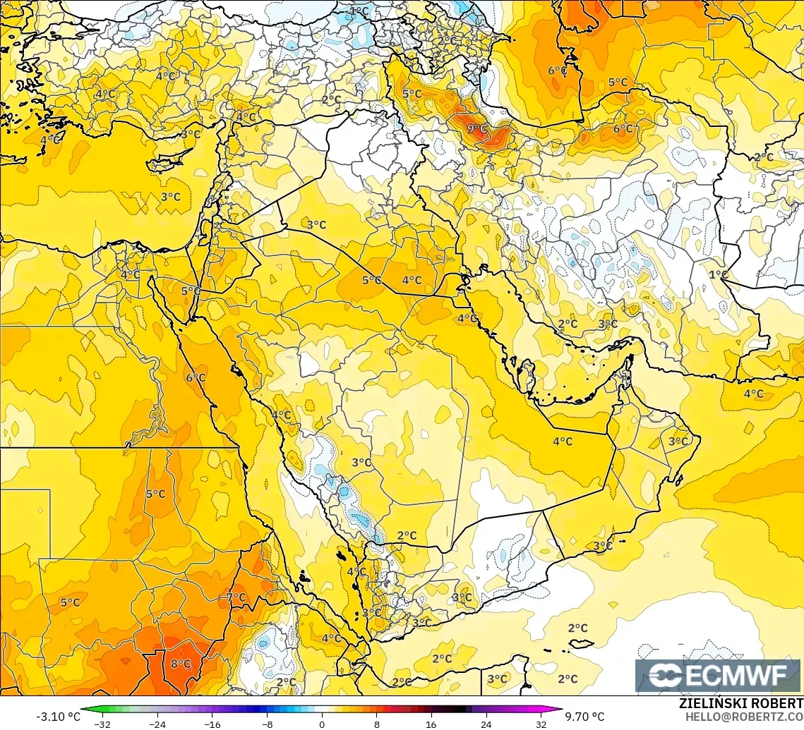 ECMWF IFS 0.25° modelo - Oriente Medio, Anomalía de temperatura a 850 hPa