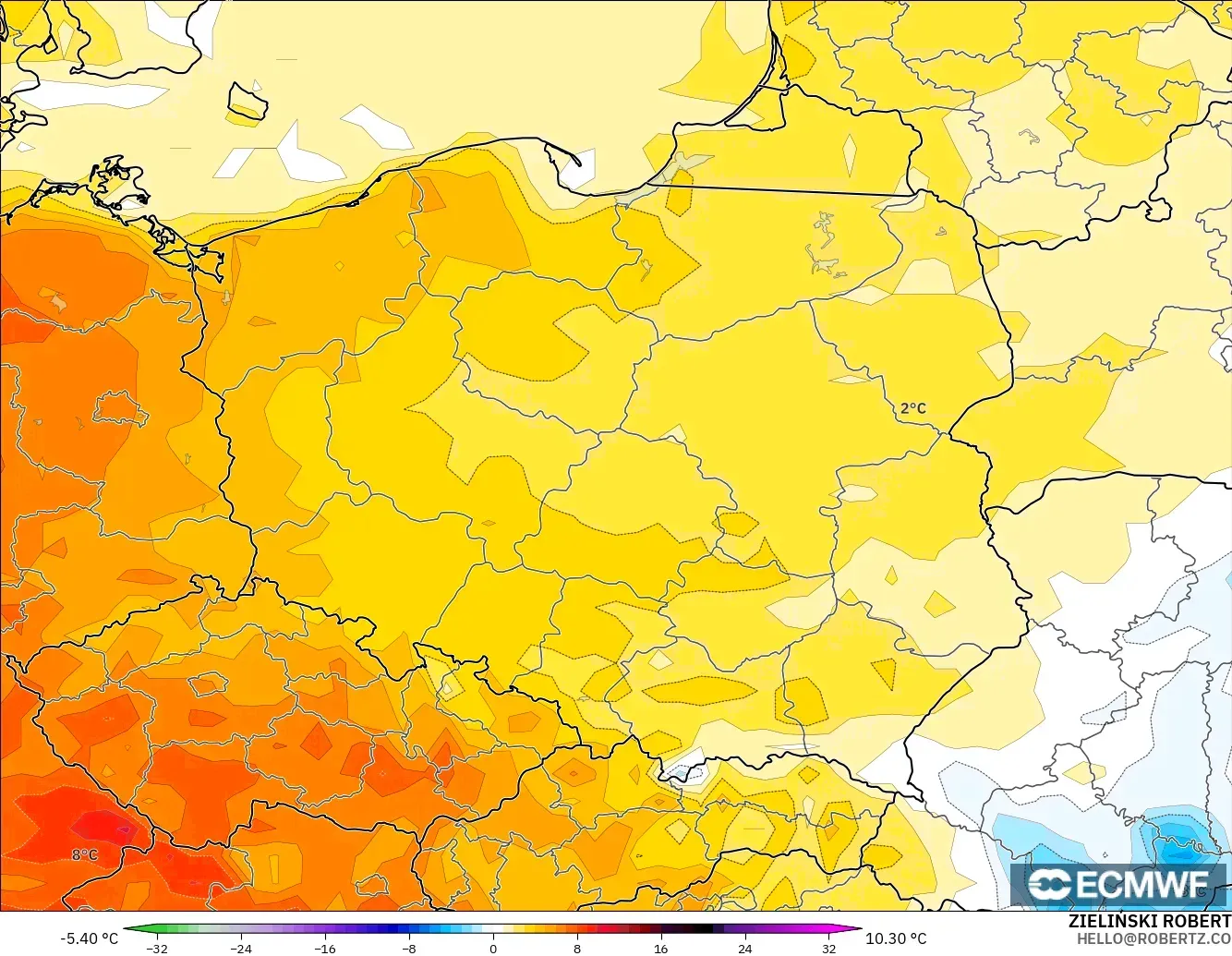 ECMWF IFS 0.25° modelo - Polonia, Anomalía de temperatura a 2 m