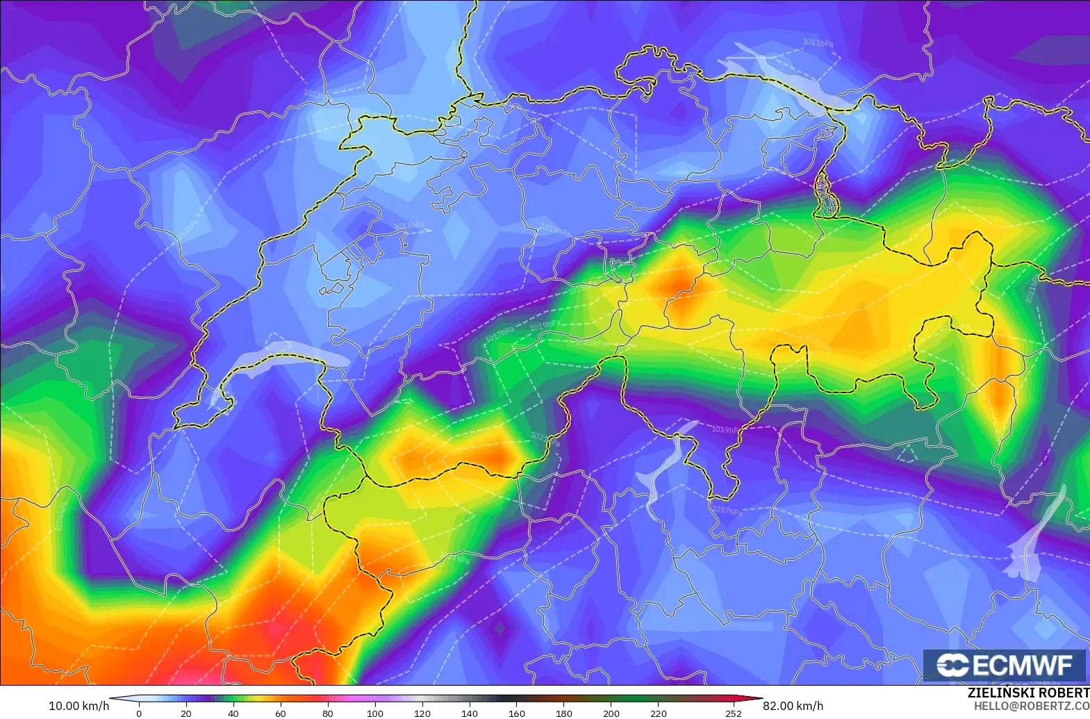 ECMWF IFS 0.25° modelo - Suiza, Ráfagas de viento