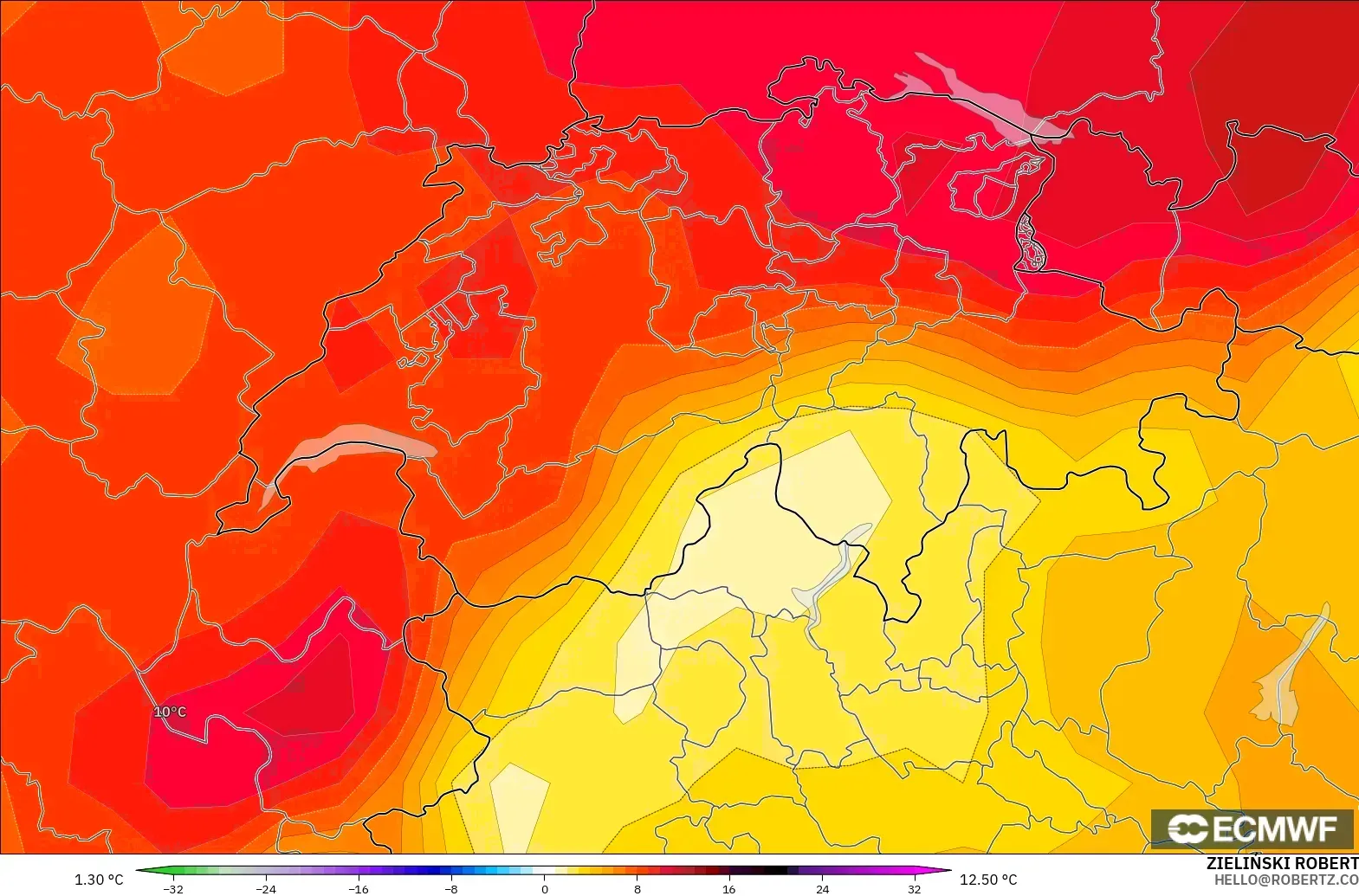 ECMWF IFS 0.25° modelo - Suiza, Anomalía de temperatura a 850 hPa