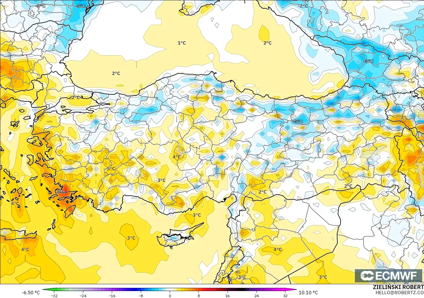 ECMWF IFS 0.25° modelo - Turquía, Anomalía de temperatura a 2 m