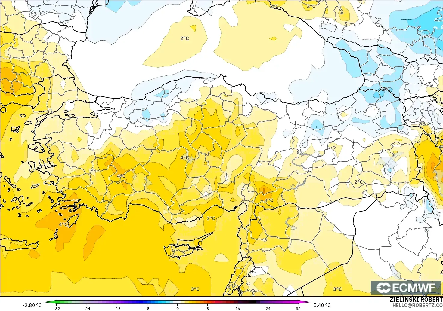 ECMWF IFS 0.25° modelo - Turquía, Anomalía de temperatura a 850 hPa