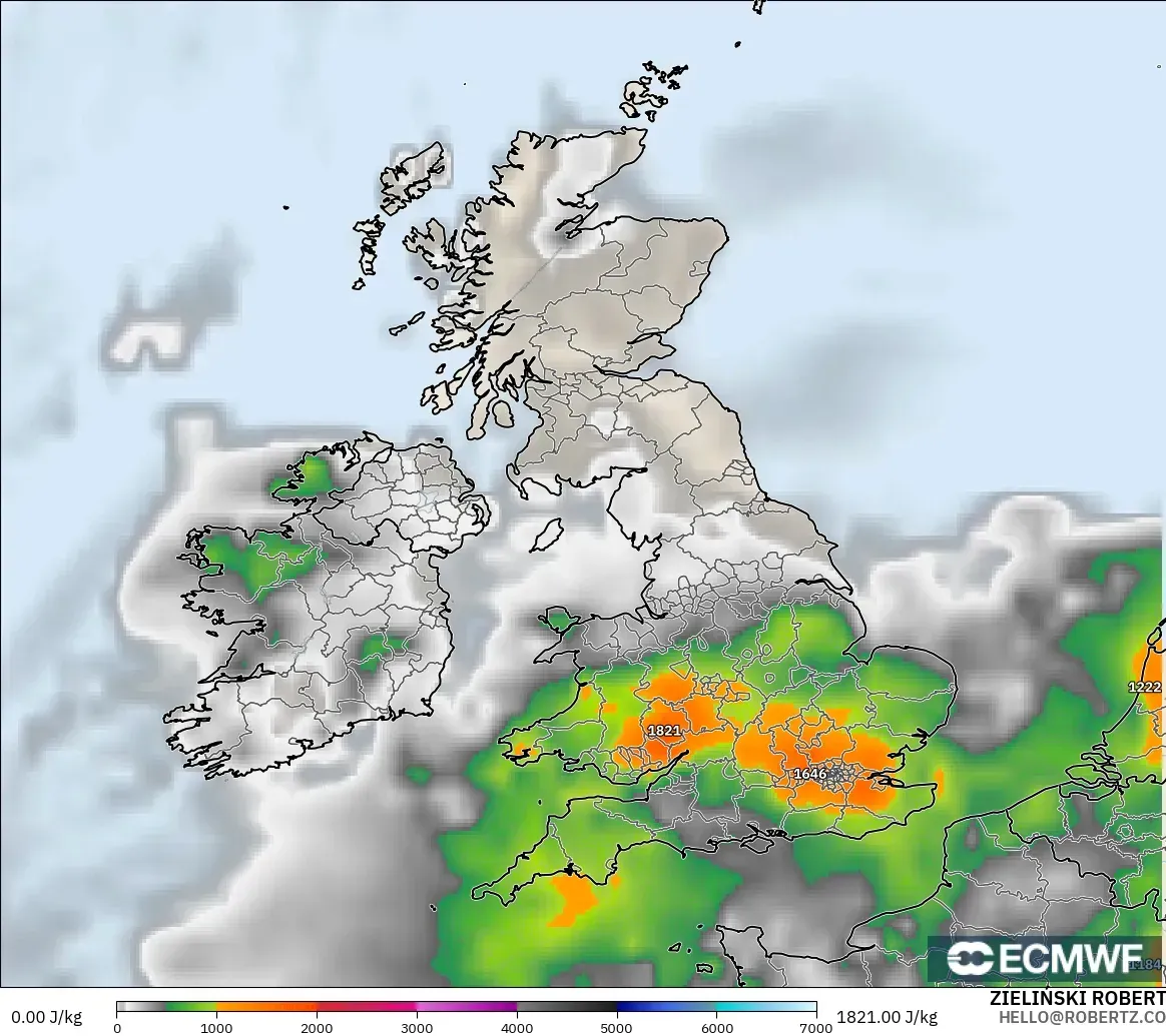 ECMWF IFS 0.25° modelo - Reino Unido, CAPE