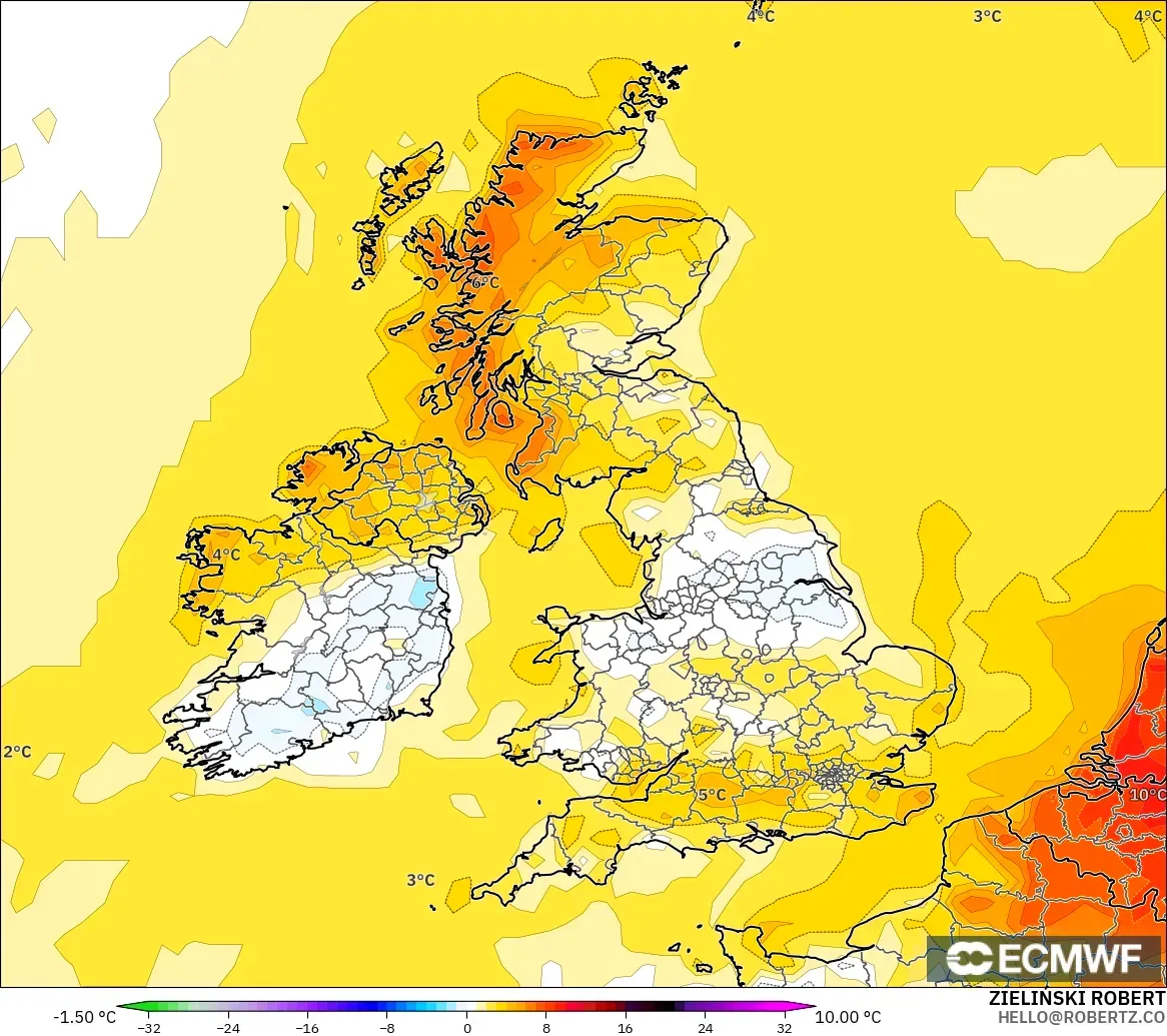 ECMWF IFS 0.25° modelo - Reino Unido, Anomalía de temperatura a 2 m