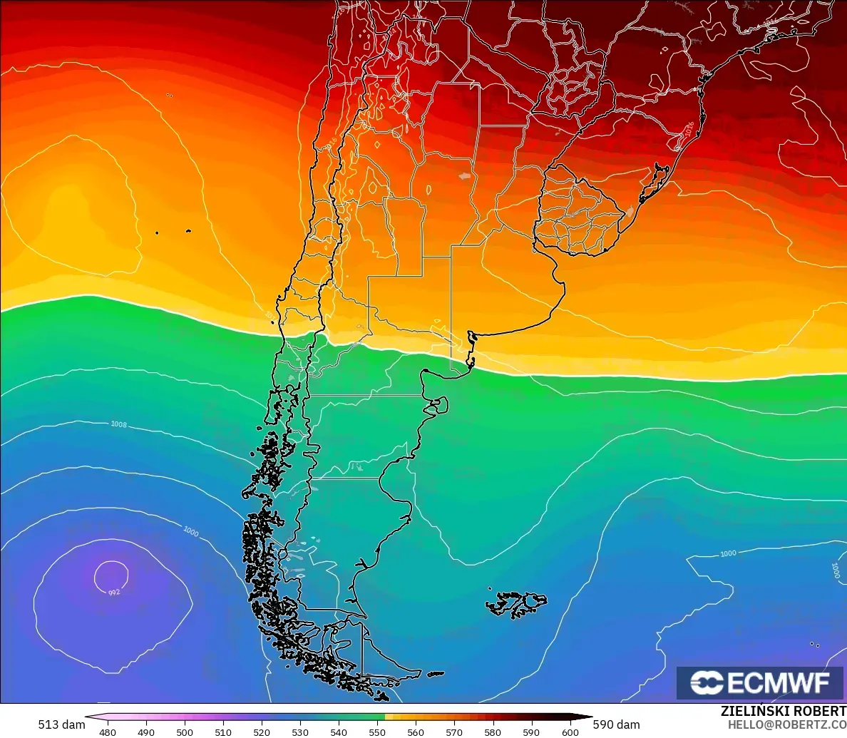 ECMWF IFS 0.25° modelo - Argentina, Altura geopotencial a 500 hPa