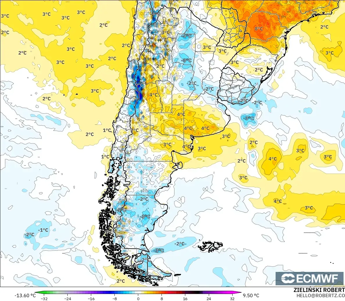 ECMWF IFS 0.25° modelo - Argentina, Anomalía de temperatura a 2 m