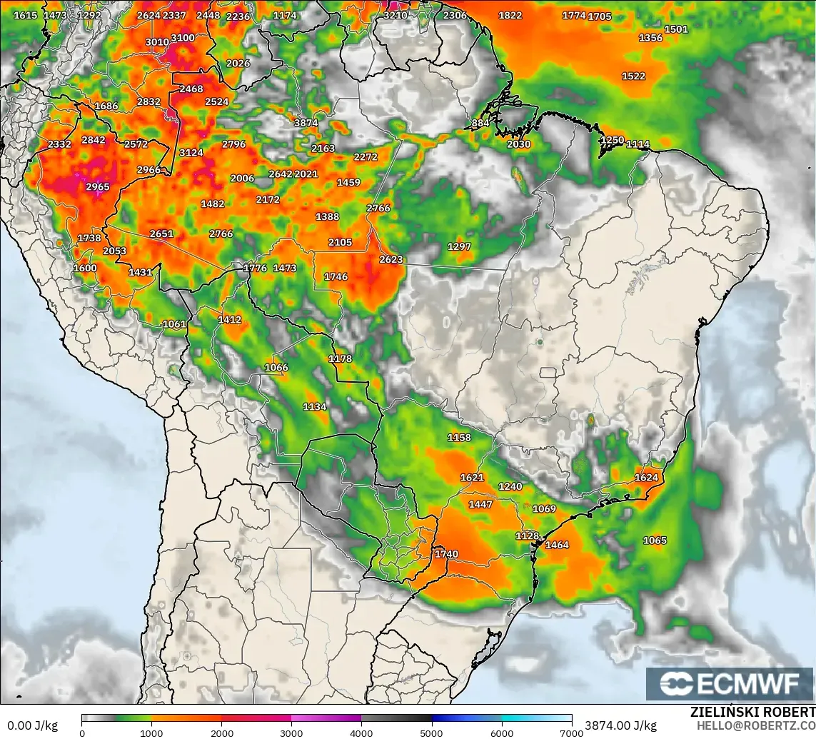ECMWF IFS 0.25° modelo - Brasil, CAPE