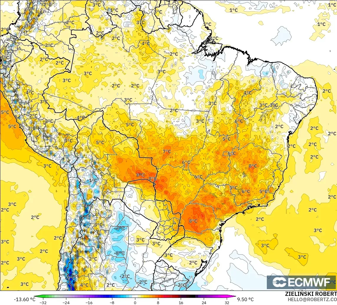 ECMWF IFS 0.25° modelo - Brasil, Anomalía de temperatura a 2 m