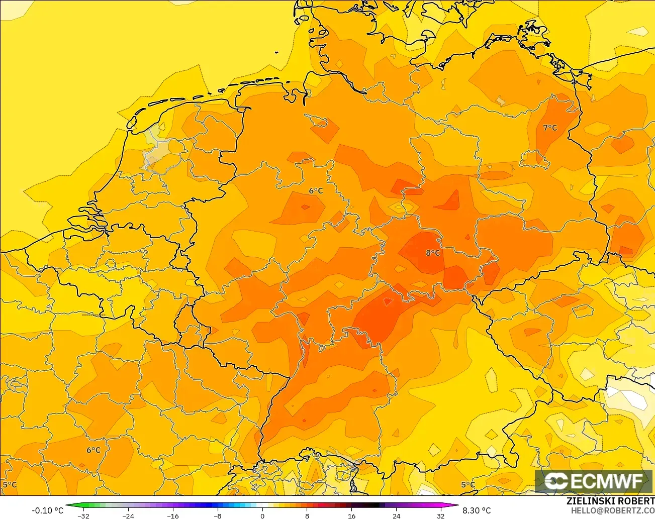 ECMWF IFS 0.25° modelo - Alemania, Anomalía de temperatura a 2 m