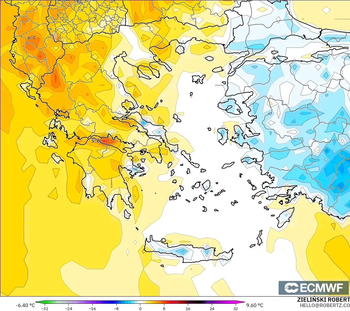 ECMWF IFS 0.25° modelo - Grecia, Anomalía de temperatura a 2 m