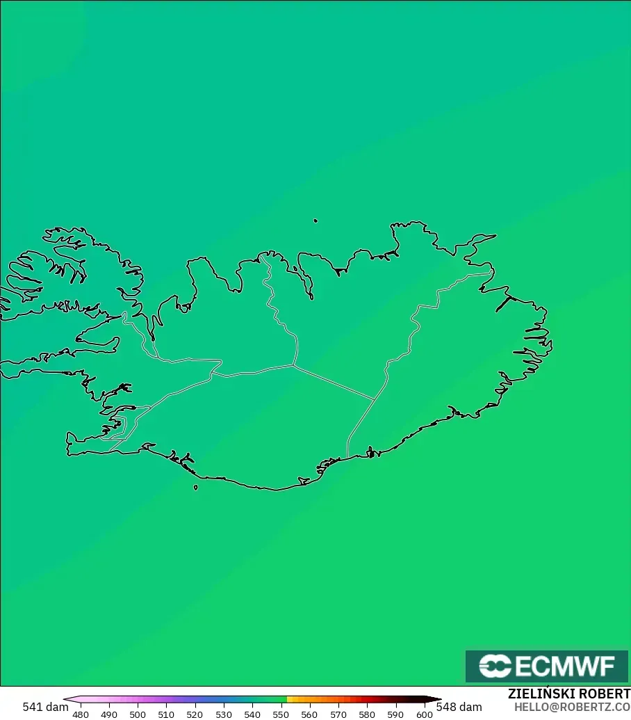 ECMWF IFS 0.25° modelo - Islandia, Altura geopotencial a 500 hPa